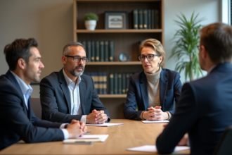 Adultes divers assis autour d'une table en réunion professionnelle