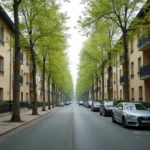 Rue résidentielle du Quartier Nord de Villeneuve-Saint-Georges avec immeubles années 70 et arbres alignés