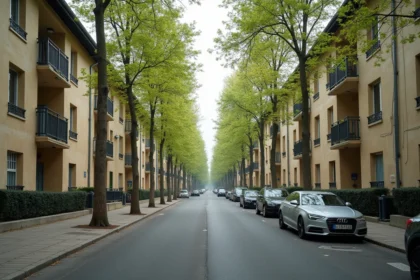 Rue résidentielle du Quartier Nord de Villeneuve-Saint-Georges avec immeubles années 70 et arbres alignés