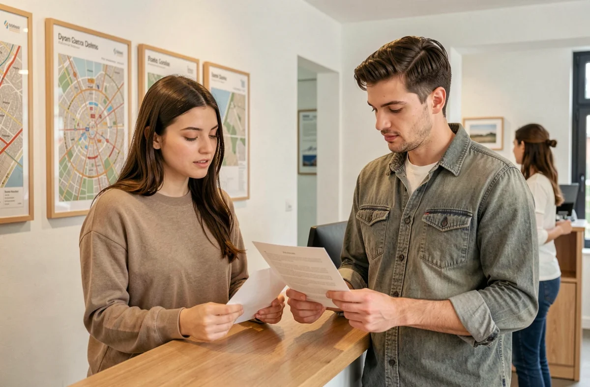 Deux colocataires lisant attentivement un contrat de bail dans une agence immobilière de Lyon, illustrant les démarches pour réussir sa première location longue durée