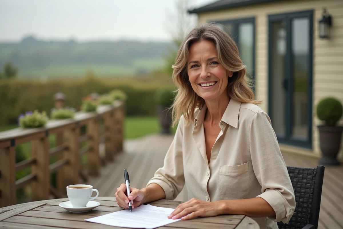 Femme signant un compromis de vente pour une parcelle de terrain avec mobil home sur une terrasse extérieure