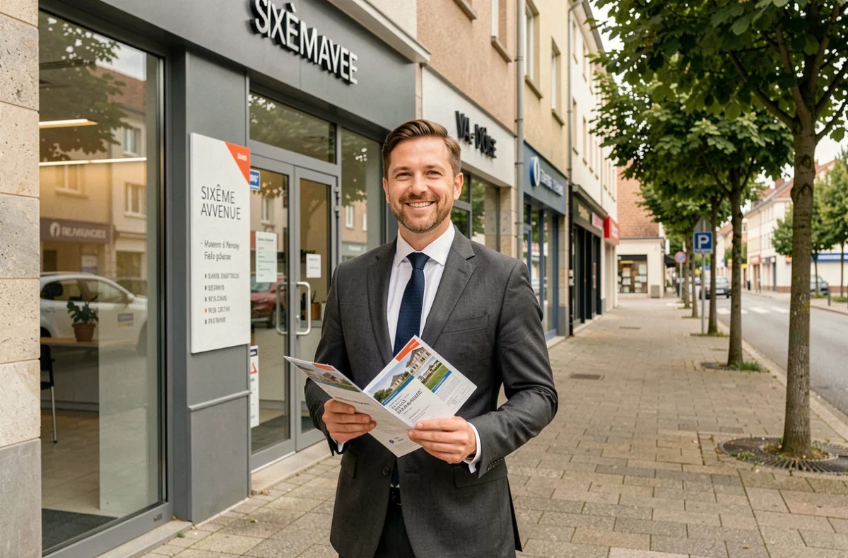 Agent Sixième Avenue en costume charbon devant la vitrine de l'agence immobilière dans le Val-d'Oise