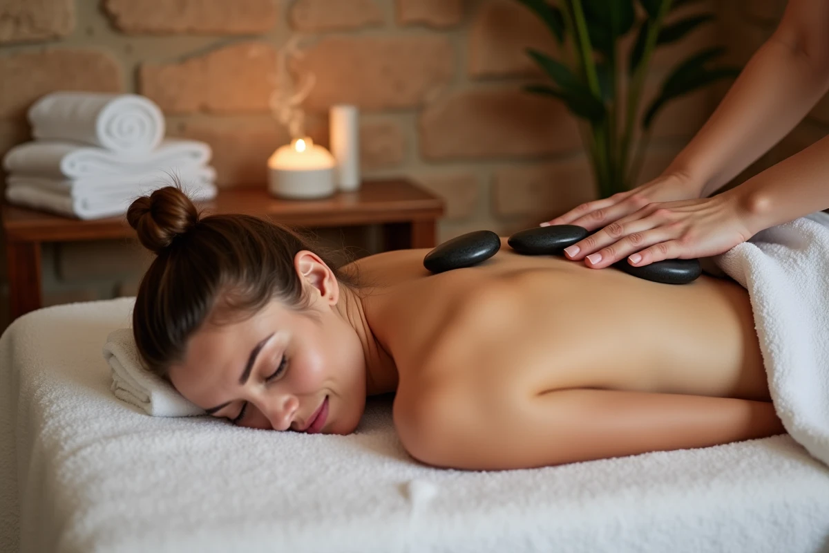 Femme recevant un massage dans un spa lyonnais avec pierres chaudes et décor en pierre brute