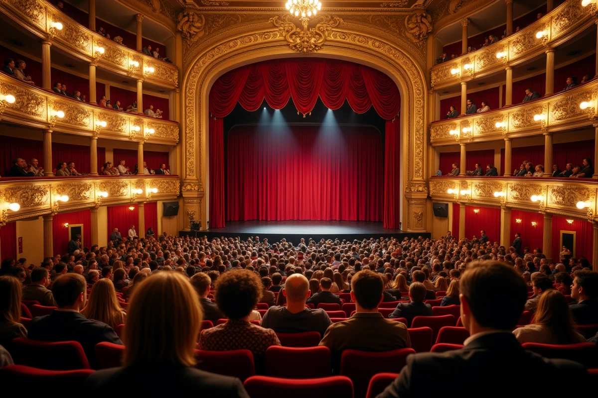 Salle de spectacle lyonnaise avec public et décor architectural doré lors d'une représentation en cours