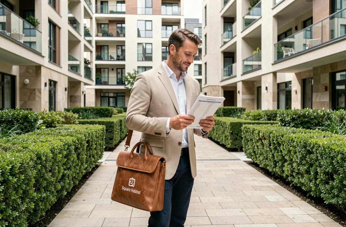 Syndic Square Habitat effectuant une visite de copropriété dans une résidence moderne