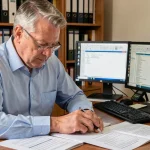 Syndic bénévole d'une copropriété révisant un modèle pré état daté à son bureau à domicile