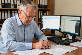 Syndic bénévole d'une copropriété révisant un modèle pré état daté à son bureau à domicile