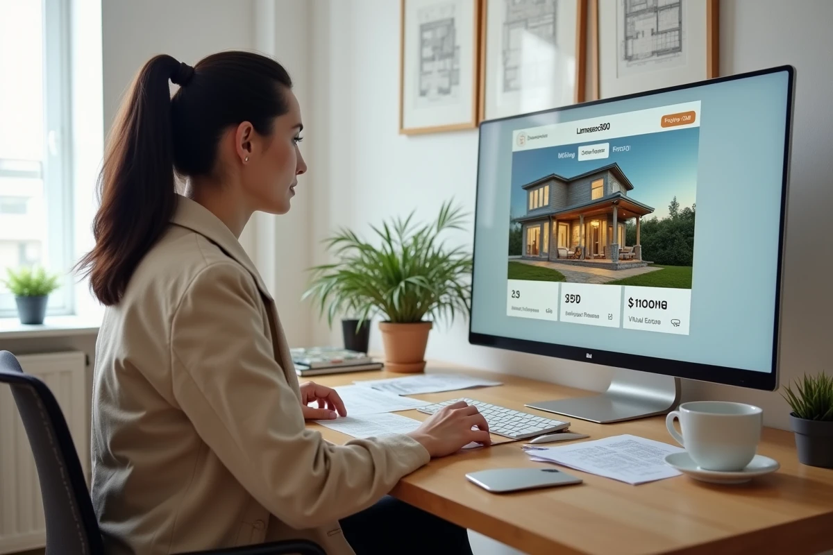 Femme consultant les tarifs d'une plateforme de visite virtuelle immobilière sur ordinateur