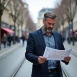 Urbaniste étudiant un plan de développement urbain dans un quartier en transformation de Saint-Étienne avant 2026