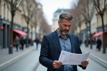 Urbaniste étudiant un plan de développement urbain dans un quartier en transformation de Saint-Étienne avant 2026