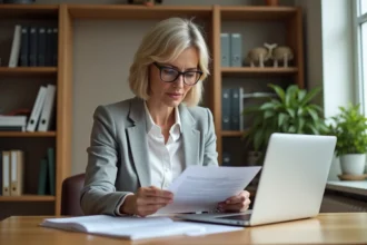 Propriétaire en train de vérifier les charges locatives d'un logement meublé à son bureau