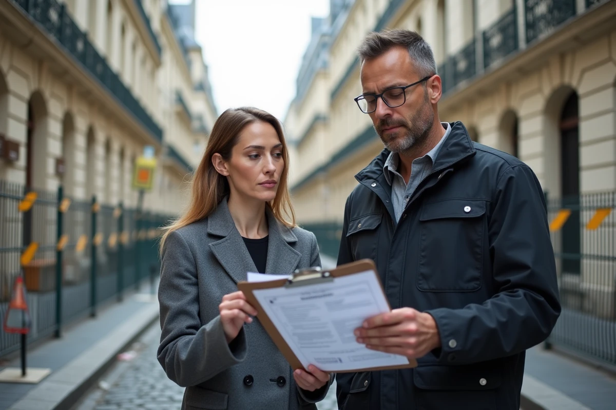 Deux professionnels examinant un document d'accès chantier devant un périmètre de travaux dans une rue parisienne
