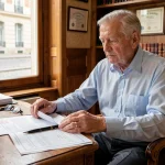 Homme âgé consultant des documents notariaux liés à un contrat de viager dans un bureau de notaire français