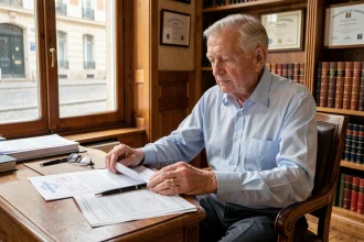 Homme âgé consultant des documents notariaux liés à un contrat de viager dans un bureau de notaire français