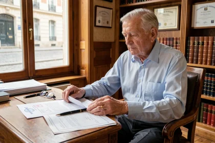 Homme âgé consultant des documents notariaux liés à un contrat de viager dans un bureau de notaire français