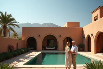 Villa contemporaine à vendre dans un golf privé à Marrakech avec piscine à débordement et vue sur les fairways et l'Atlas