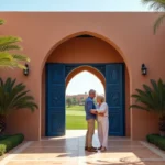 Couple devant une villa marocaine de luxe dans un golf résidentiel de Marrakech avec façade ocre et porte en bois bleu