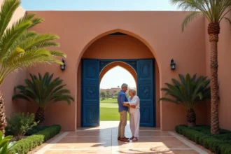 Couple devant une villa marocaine de luxe dans un golf résidentiel de Marrakech avec façade ocre et porte en bois bleu