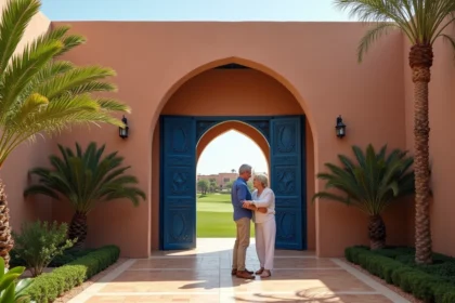 Couple devant une villa marocaine de luxe dans un golf résidentiel de Marrakech avec façade ocre et porte en bois bleu