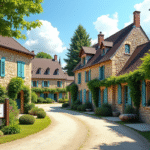 Village français ensoleillé avec maisons en pierre et mairie