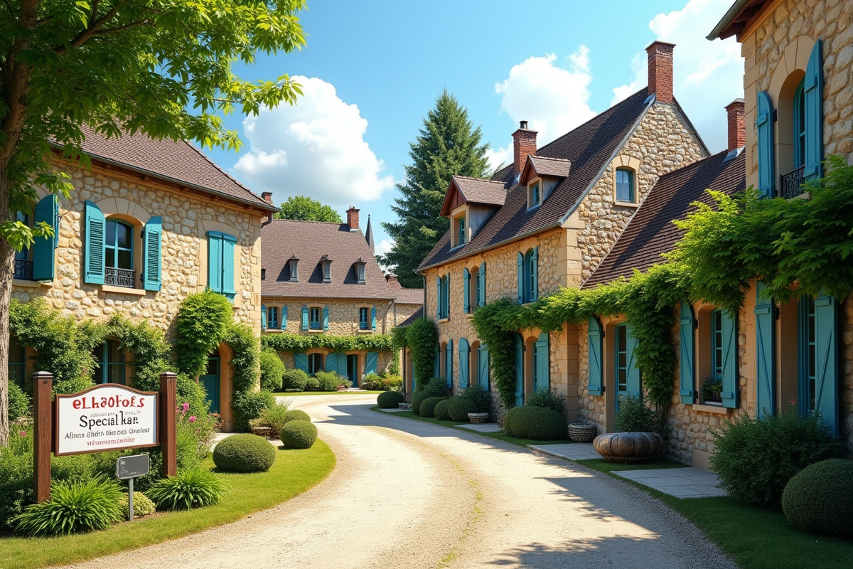 Village français ensoleillé avec maisons en pierre et mairie