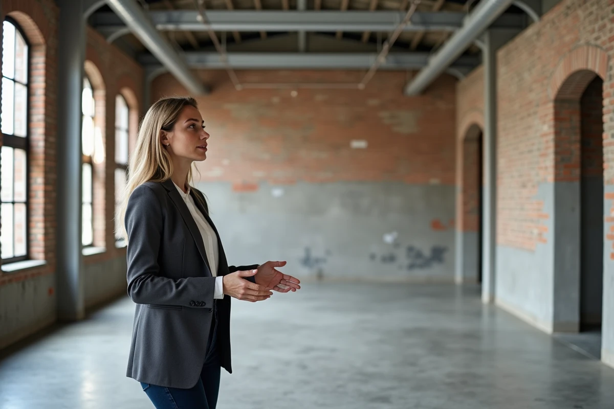 Femme d'affaires visitant un local professionnel vide pour un montage de bail immobilier en région Nord