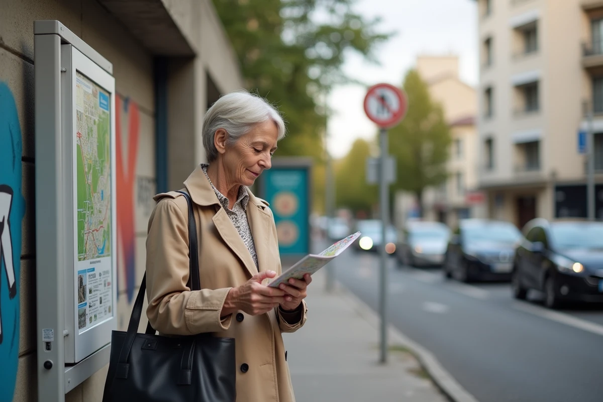 Femme consultant un plan de quartier à l'entrée de la Cité Pablo Picasso à Nanterre, tote bag à l'épaule, ambiance urbaine