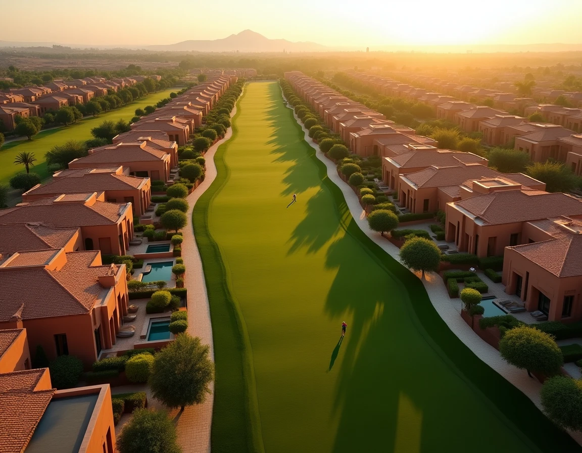 Vue aérienne d'un domaine de villas privées sur un golf à Marrakech avec parcours verdoyant et toits en tuiles traditionnelles