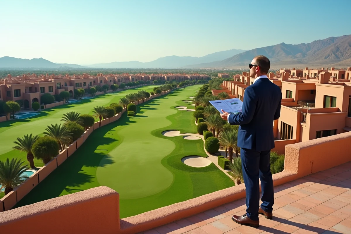 Agent immobilier sur une terrasse avec vue panoramique sur un domaine résidentiel de golf à Marrakech et les montagnes de l'Atlas